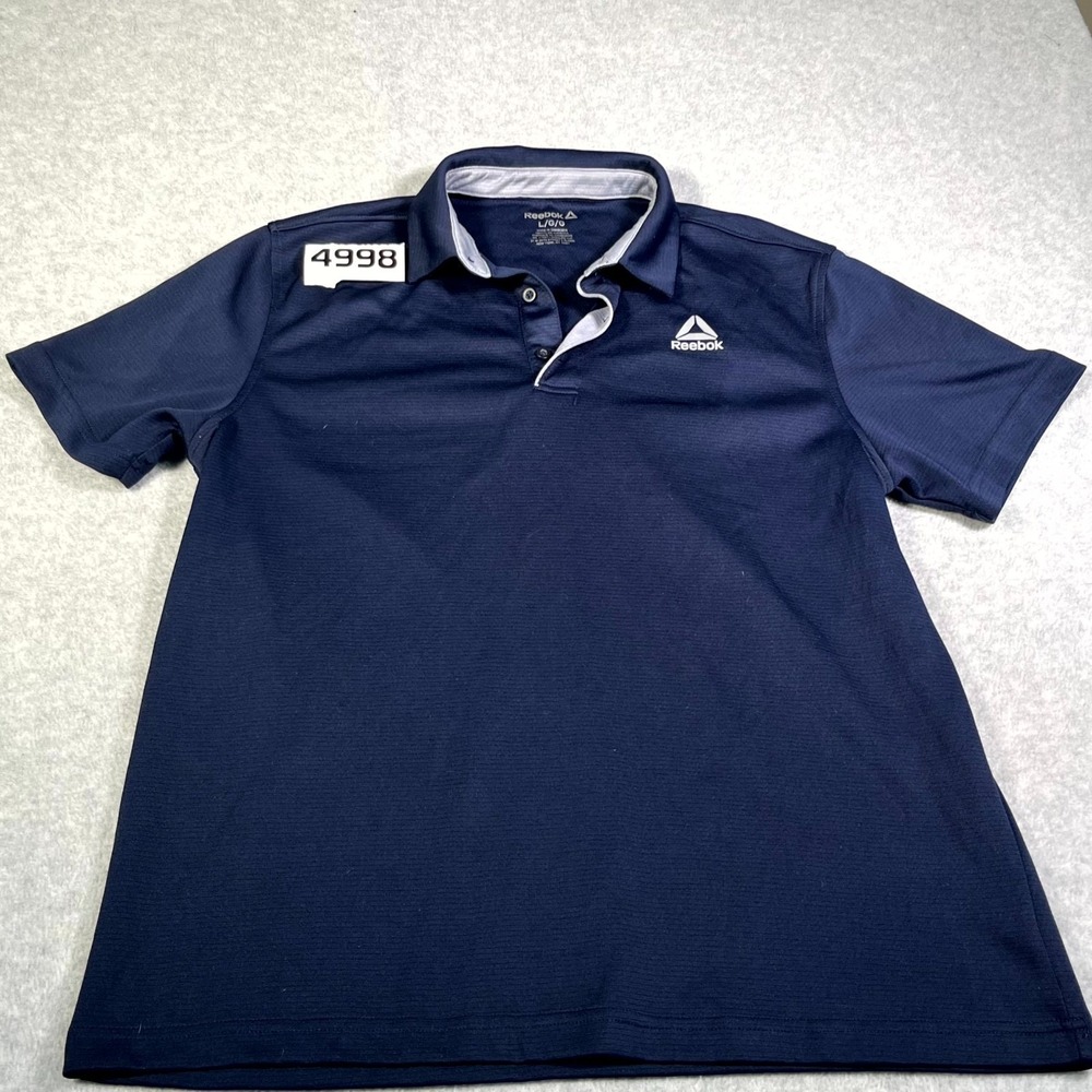Reebok Performance Polo Shirt Mens Large Navy Blue Spell Out Logo Golf‎ Tennis